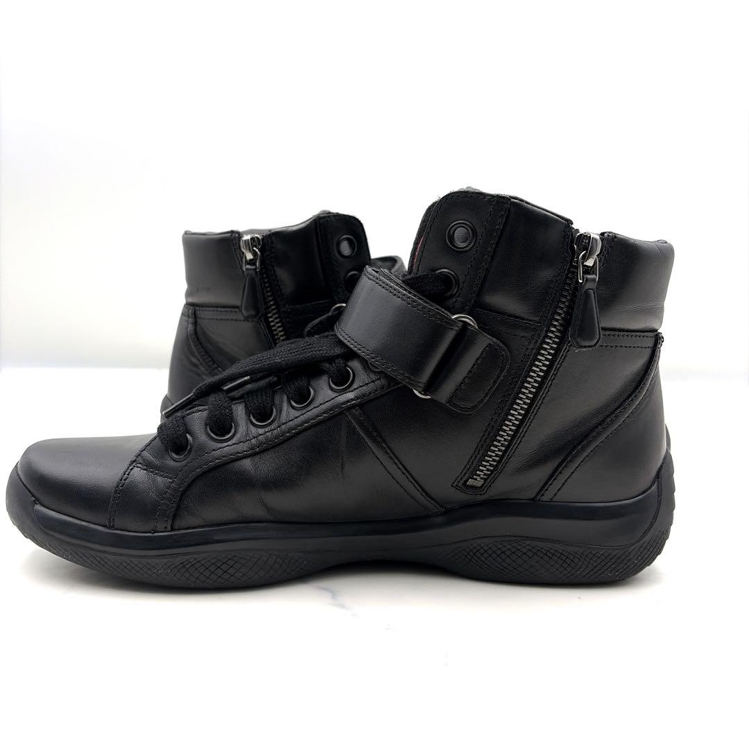 プラダスポーツ レザー スニーカー 黒 6 サイドジップ 本革 リネアロッサ