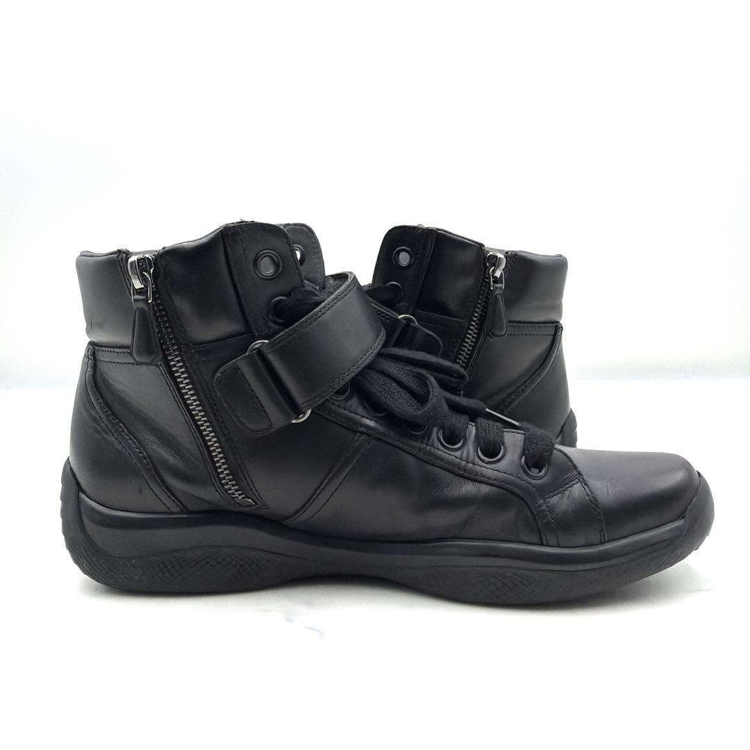 プラダスポーツ レザー スニーカー 黒 6 サイドジップ 本革 リネアロッサ