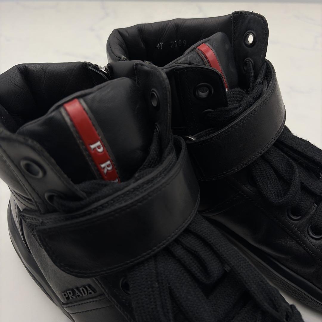プラダスポーツ レザー スニーカー 黒 6 サイドジップ 本革 リネアロッサ