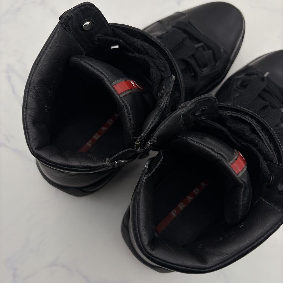 プラダスポーツ レザー スニーカー 黒 6 サイドジップ 本革 リネアロッサ