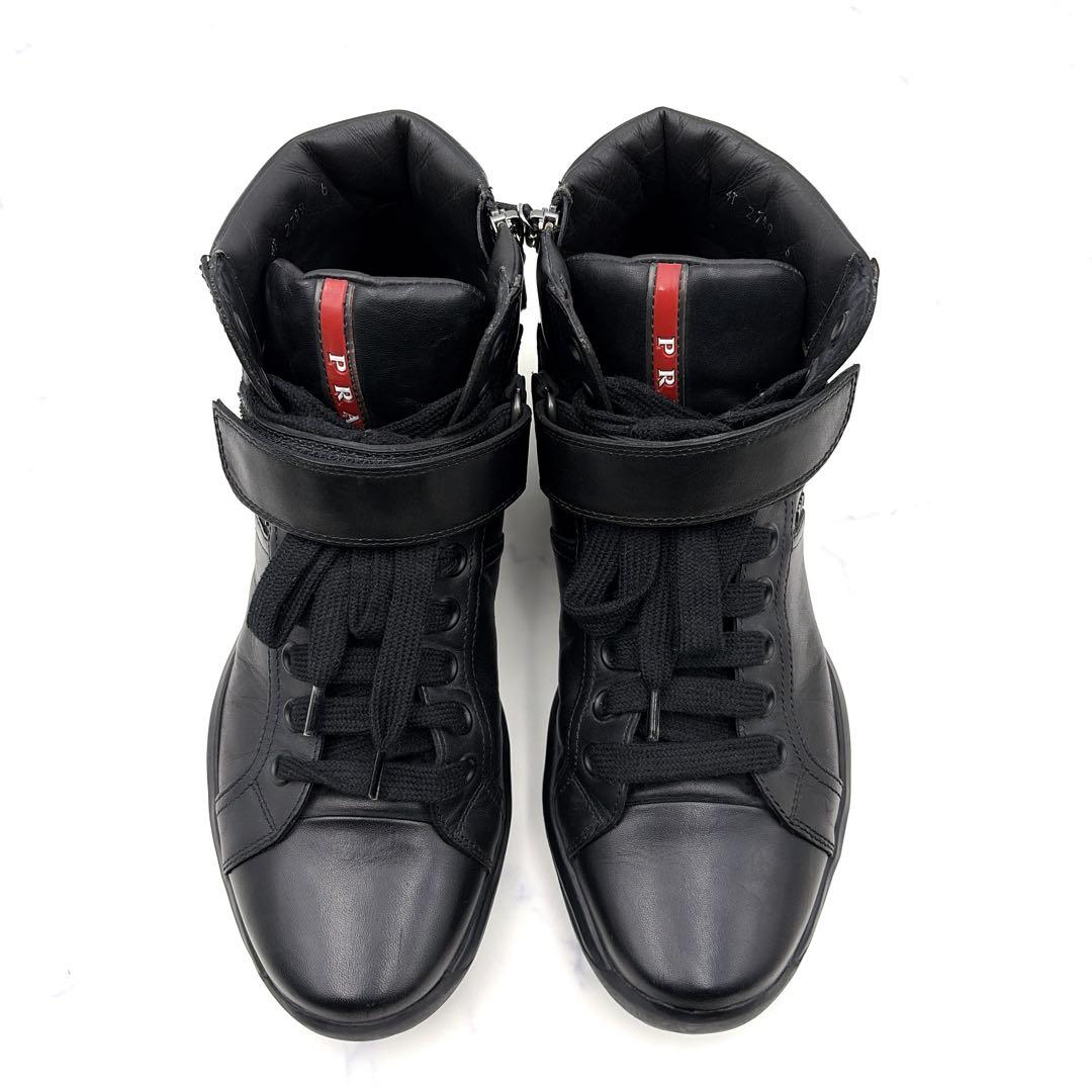 プラダスポーツ レザー スニーカー 黒 6 サイドジップ 本革 リネアロッサ