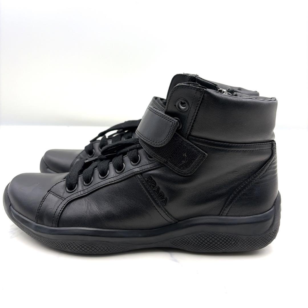 プラダスポーツ レザー スニーカー 黒 6 サイドジップ 本革 リネアロッサ
