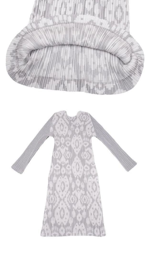 イッセイ・ミヤケプリーツプリーズ ジャガードピクセルVネック長袖ワンピースグレー