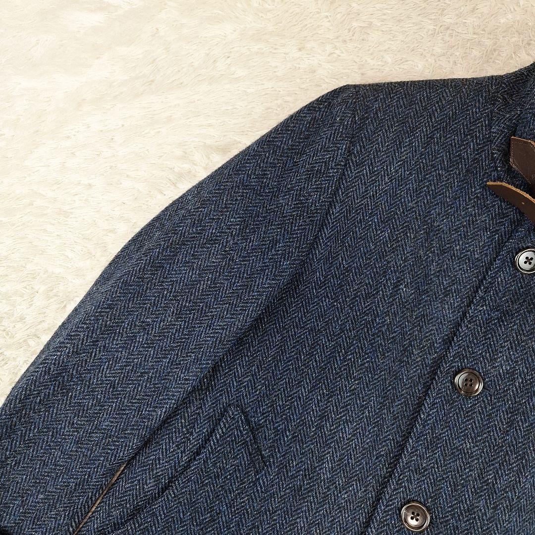 BEAMS　ハリスツイード　スタンドカラー　ウールコート　ヘリンボーン　紺　M
