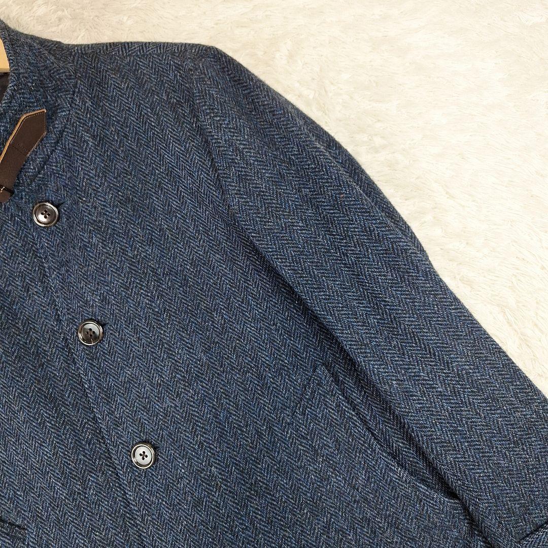 BEAMS　ハリスツイード　スタンドカラー　ウールコート　ヘリンボーン　紺　M