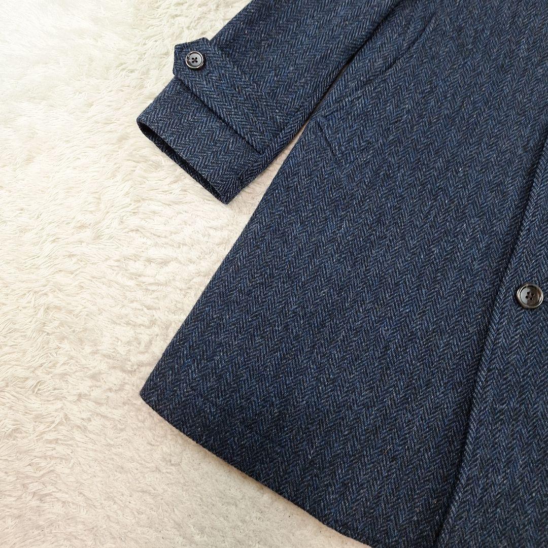 BEAMS　ハリスツイード　スタンドカラー　ウールコート　ヘリンボーン　紺　M