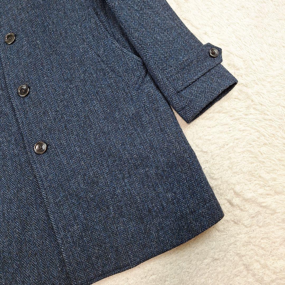 BEAMS　ハリスツイード　スタンドカラー　ウールコート　ヘリンボーン　紺　M