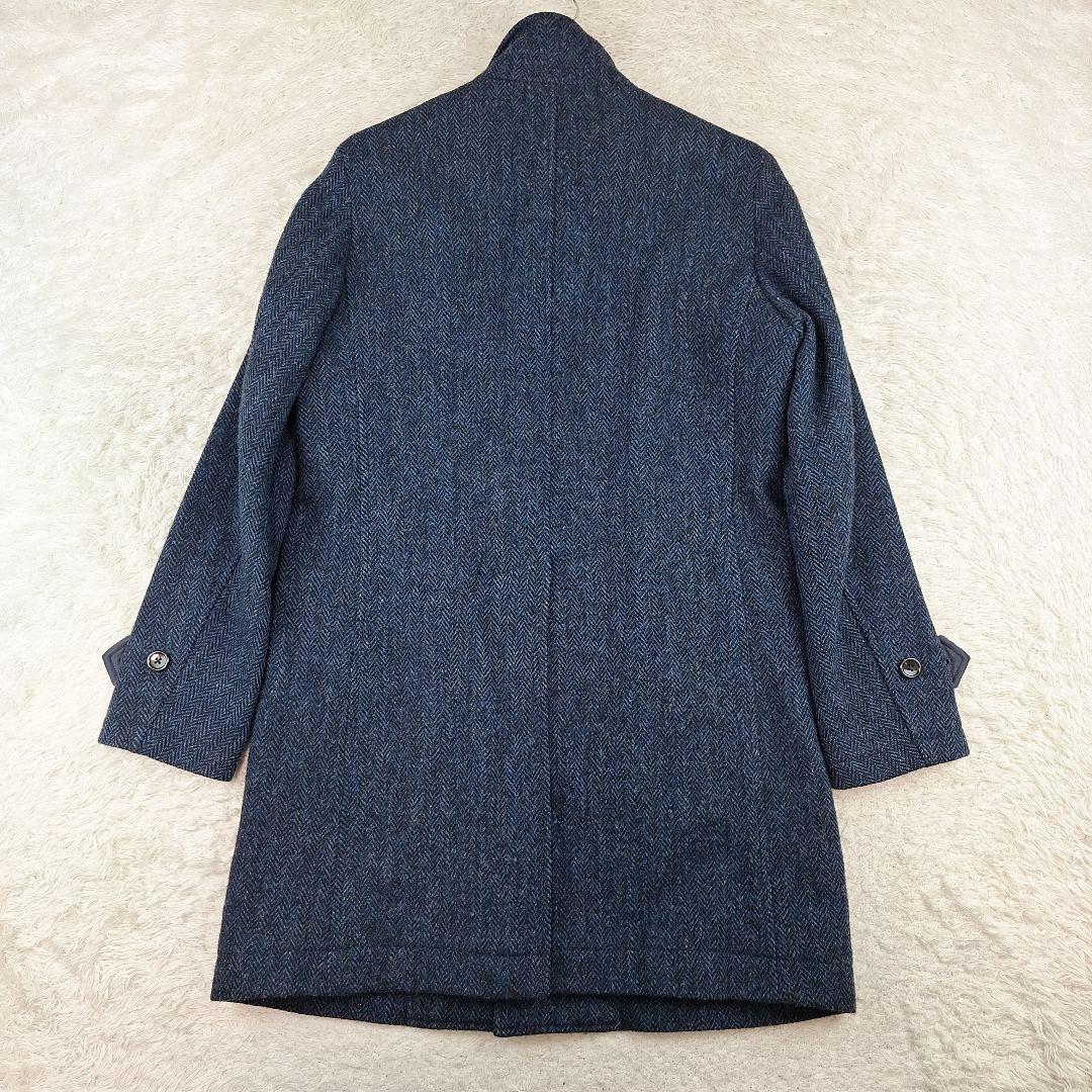 BEAMS　ハリスツイード　スタンドカラー　ウールコート　ヘリンボーン　紺　M