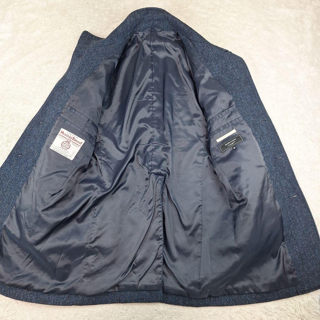 BEAMS　ハリスツイード　スタンドカラー　ウールコート　ヘリンボーン　紺　M