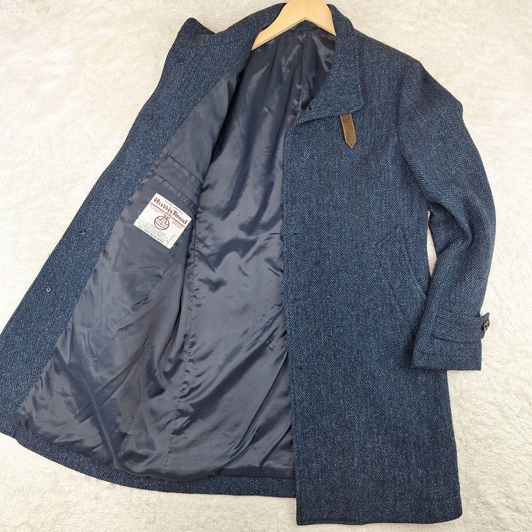 BEAMS　ハリスツイード　スタンドカラー　ウールコート　ヘリンボーン　紺　M