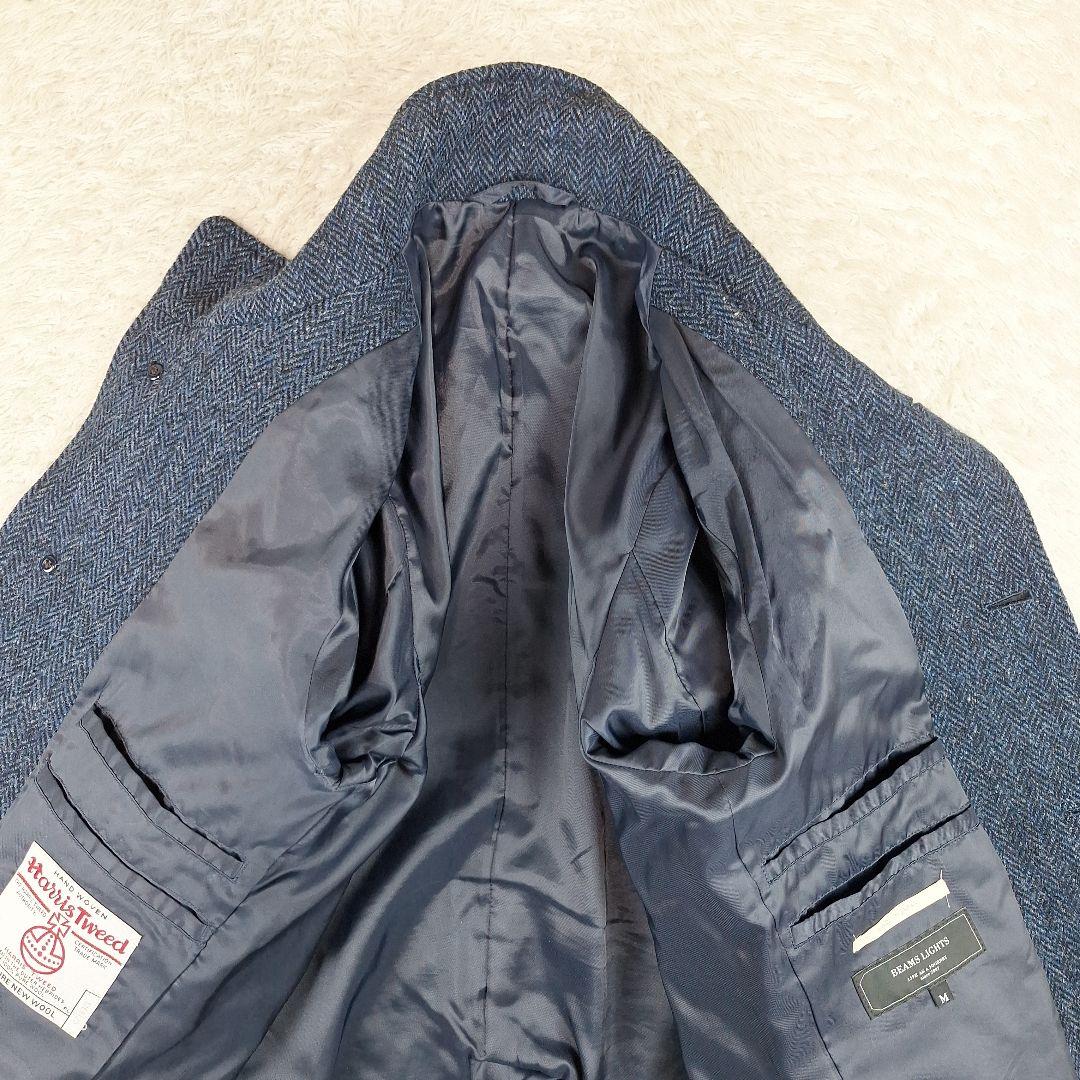BEAMS　ハリスツイード　スタンドカラー　ウールコート　ヘリンボーン　紺　M