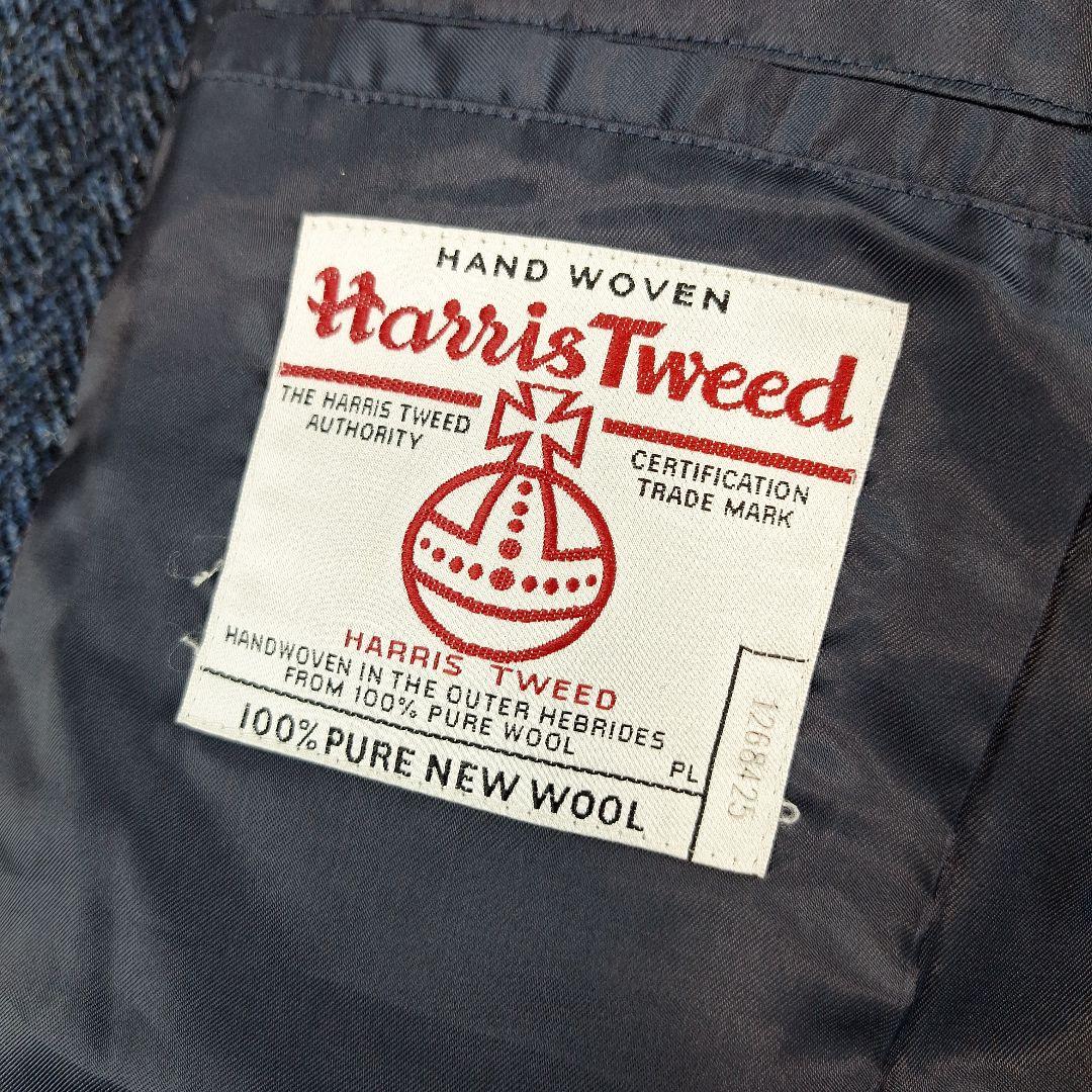 BEAMS　ハリスツイード　スタンドカラー　ウールコート　ヘリンボーン　紺　M