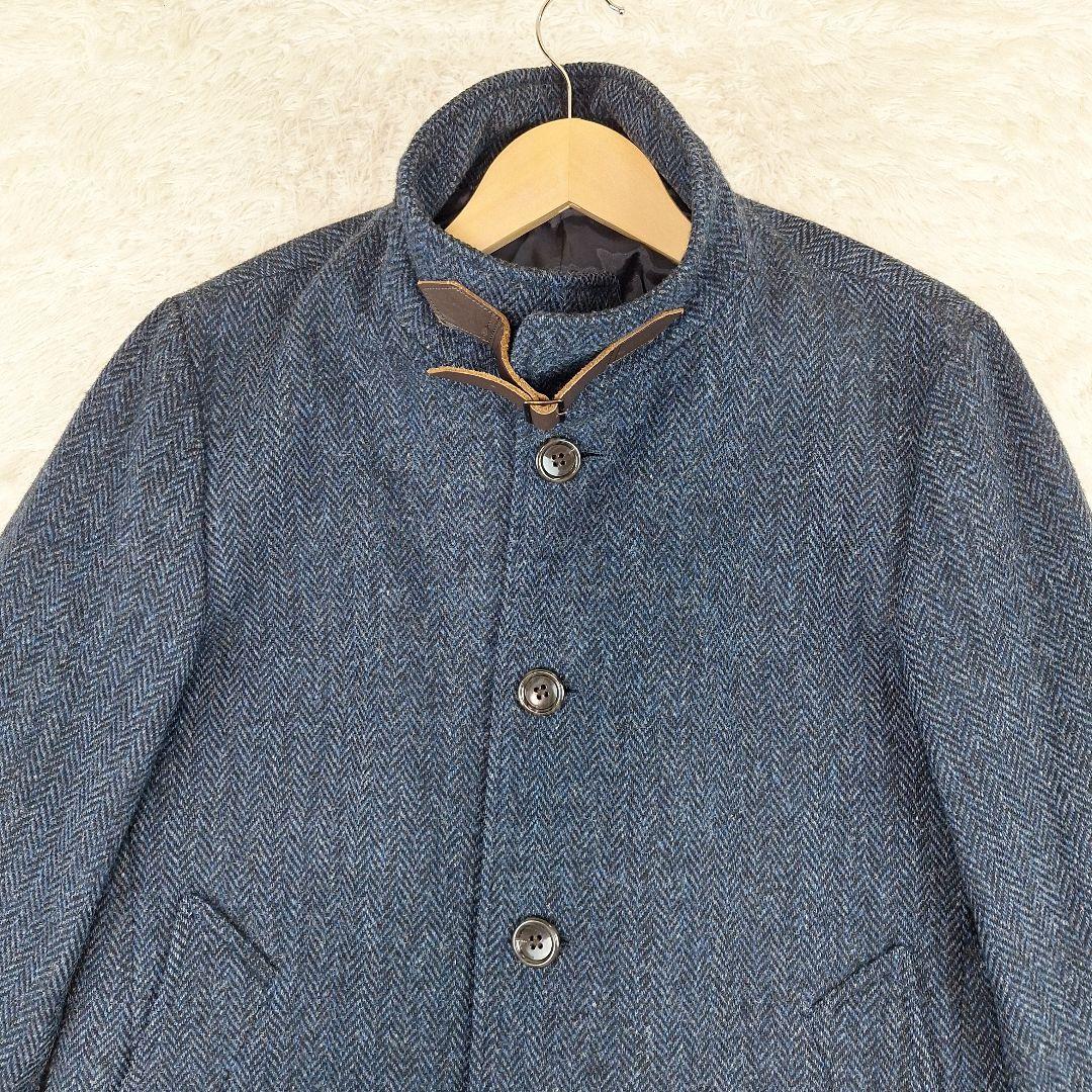BEAMS　ハリスツイード　スタンドカラー　ウールコート　ヘリンボーン　紺　M