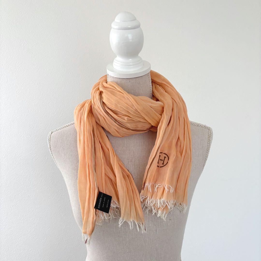 HERMÈS エルメス Hロゴ コットン ショール ストール マフラー オレンジ