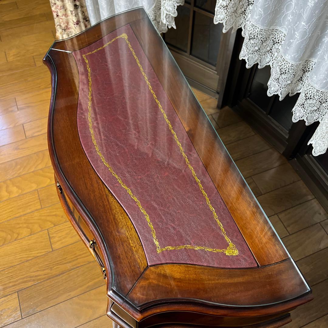 クラシック木製サイドテーブル 引き出し付き 猫脚 ガラストップ