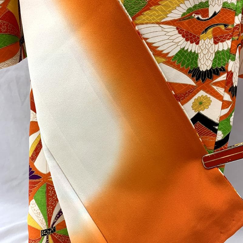 509ag2□七五三 七歳 女児 着物&六通袋帯 総柄 金彩 鶴菱文□美品