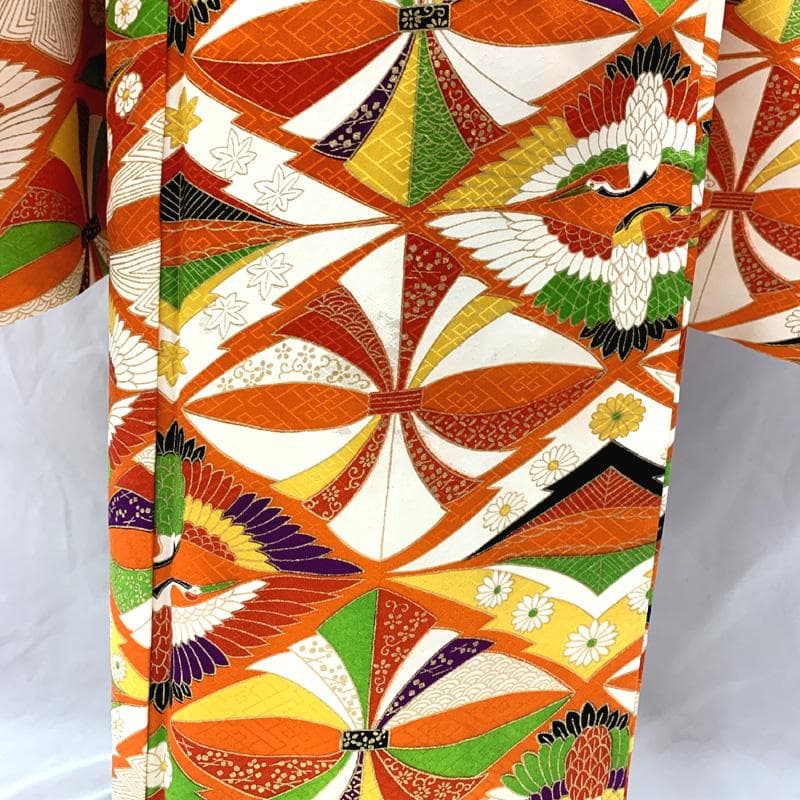 509ag2□七五三 七歳 女児 着物&六通袋帯 総柄 金彩 鶴菱文□美品