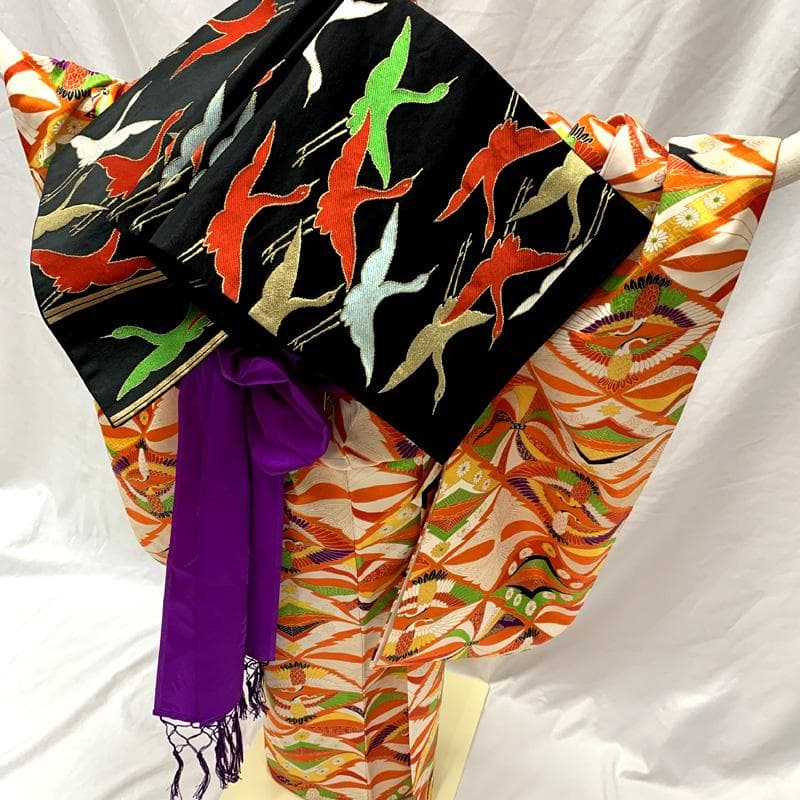 509ag2□七五三 七歳 女児 着物&六通袋帯 総柄 金彩 鶴菱文□美品