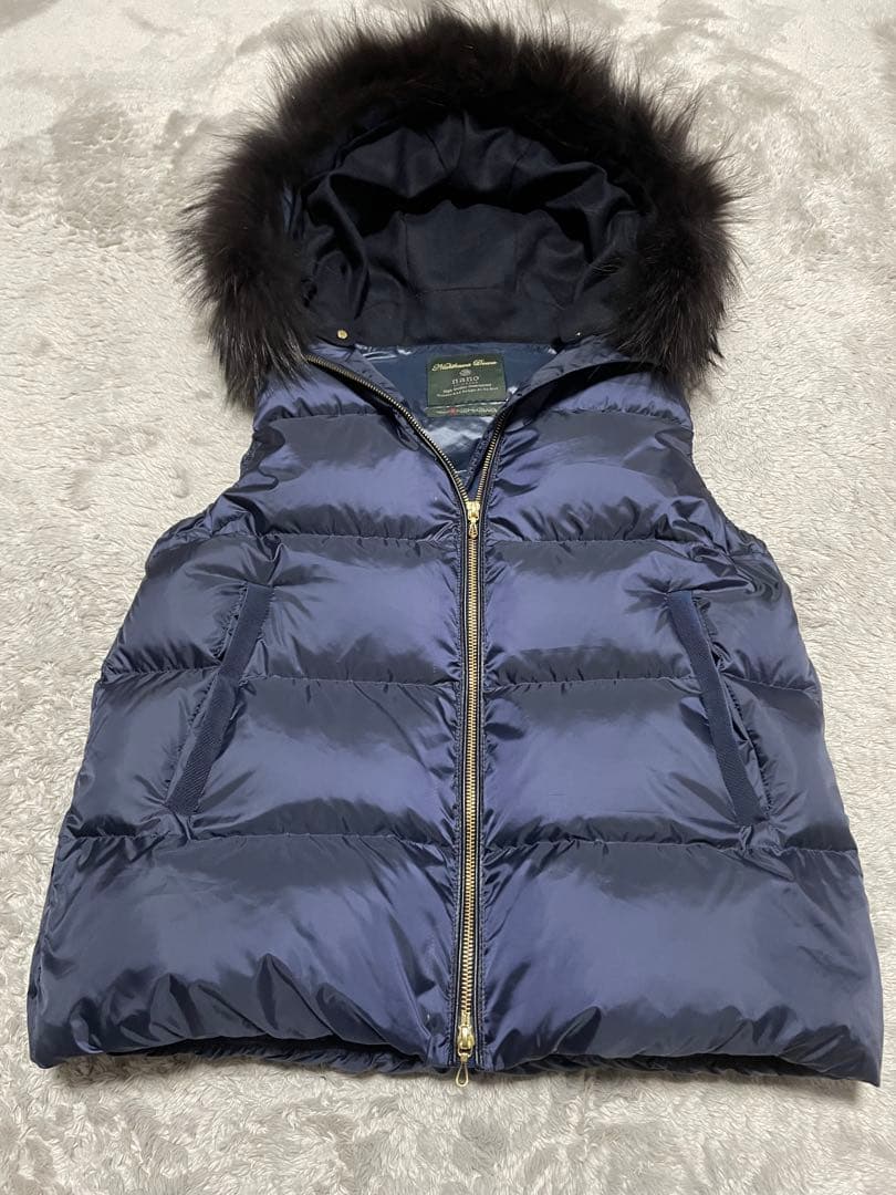 【3908】ナノユニバース×西川ダウン ファーフードベスト 38 ネイビー