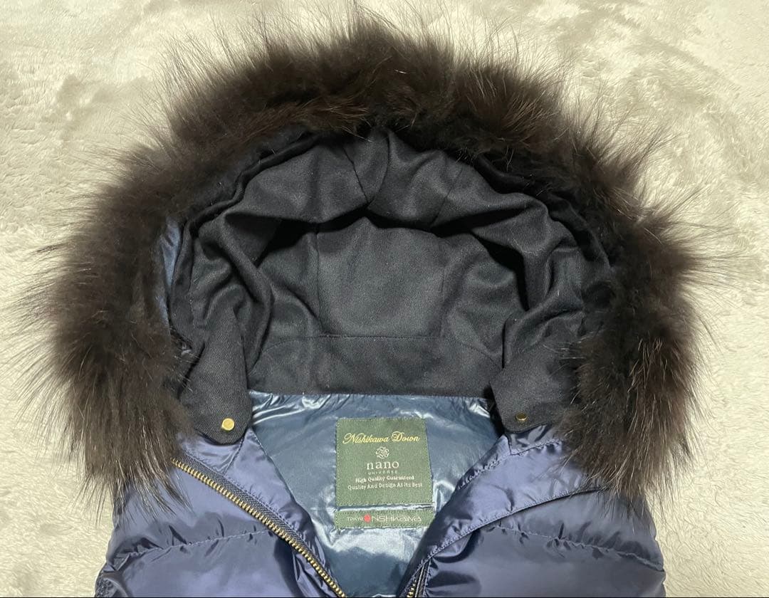 【3908】ナノユニバース×西川ダウン ファーフードベスト 38 ネイビー