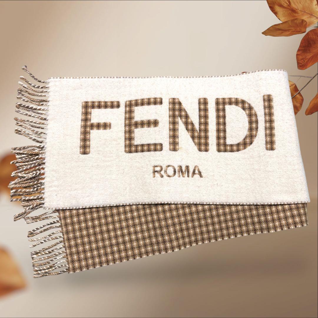 FENDI 【美品】マフラー　ロゴ　チェック柄　ベージュ　ブラウン　カシミア