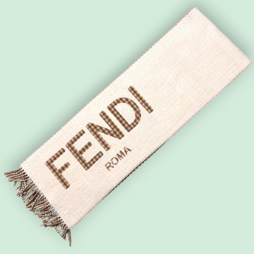 FENDI 【美品】マフラー　ロゴ　チェック柄　ベージュ　ブラウン　カシミア