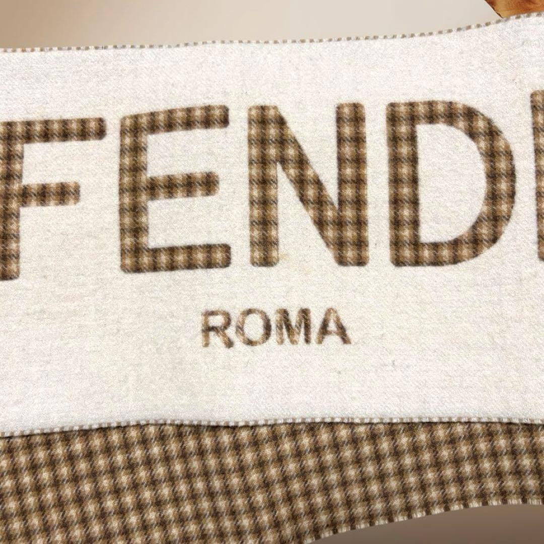 FENDI 【美品】マフラー　ロゴ　チェック柄　ベージュ　ブラウン　カシミア