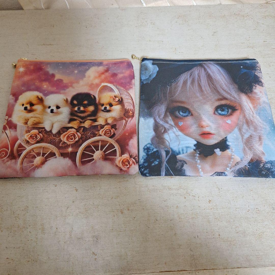 激レアポメラニアンパネル生地　ハンドメイド　フラットポーチ　まちなしバッグ