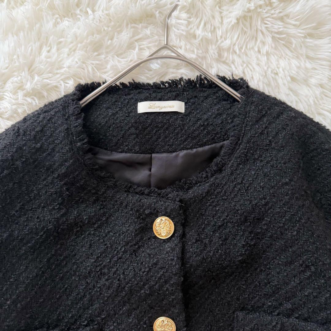 ラウンジドレス ノーカラー ツイードジャケット 金ボタン オーバーサイズ 黒