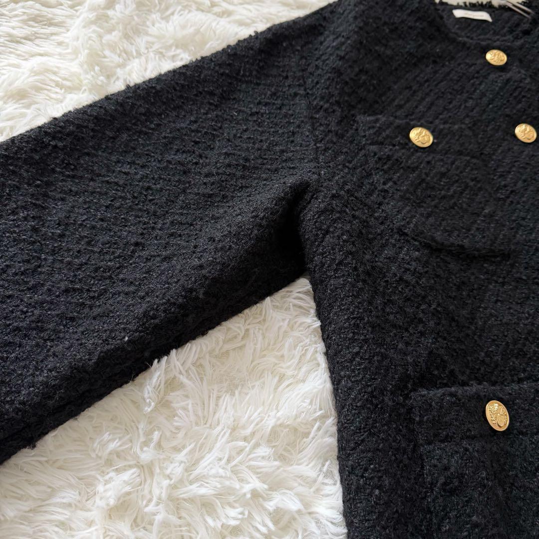 ラウンジドレス ノーカラー ツイードジャケット 金ボタン オーバーサイズ 黒