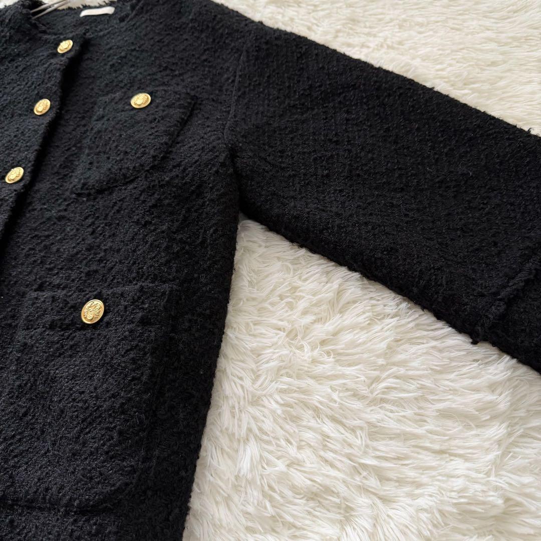 ラウンジドレス ノーカラー ツイードジャケット 金ボタン オーバーサイズ 黒