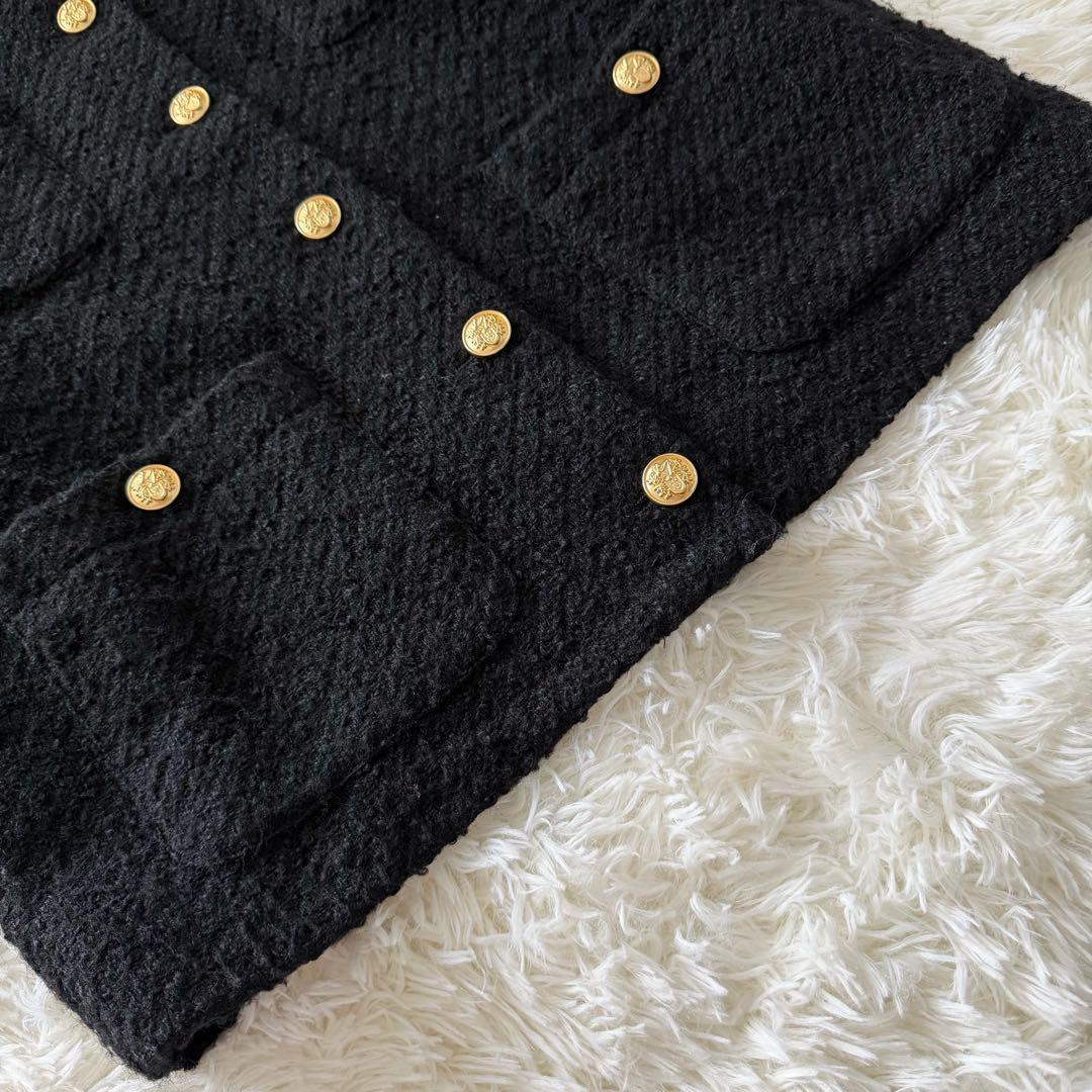 ラウンジドレス ノーカラー ツイードジャケット 金ボタン オーバーサイズ 黒