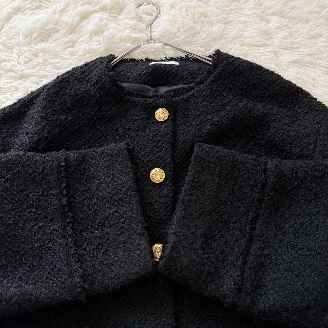 ラウンジドレス ノーカラー ツイードジャケット 金ボタン オーバーサイズ 黒