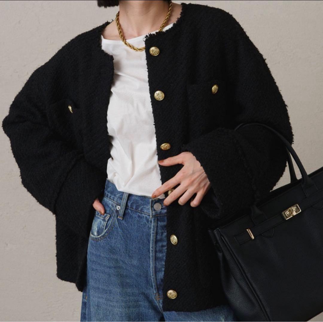 ラウンジドレス ノーカラー ツイードジャケット 金ボタン オーバーサイズ 黒