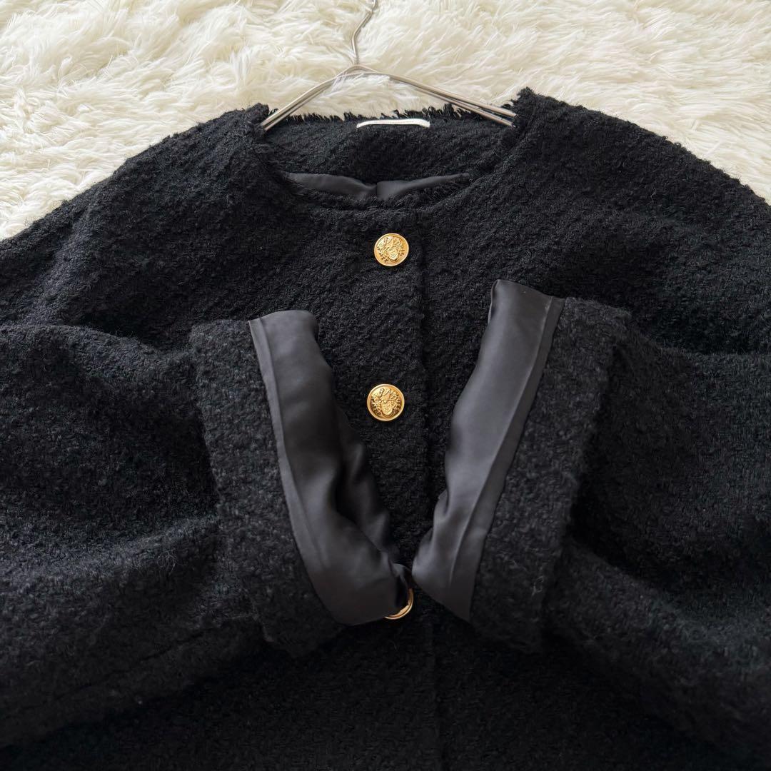 ラウンジドレス ノーカラー ツイードジャケット 金ボタン オーバーサイズ 黒