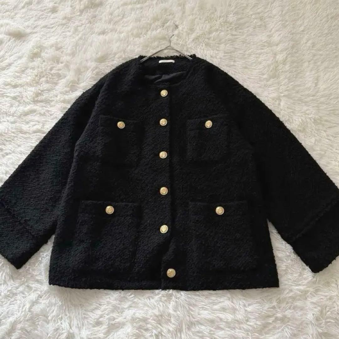 ラウンジドレス ノーカラー ツイードジャケット 金ボタン オーバーサイズ 黒