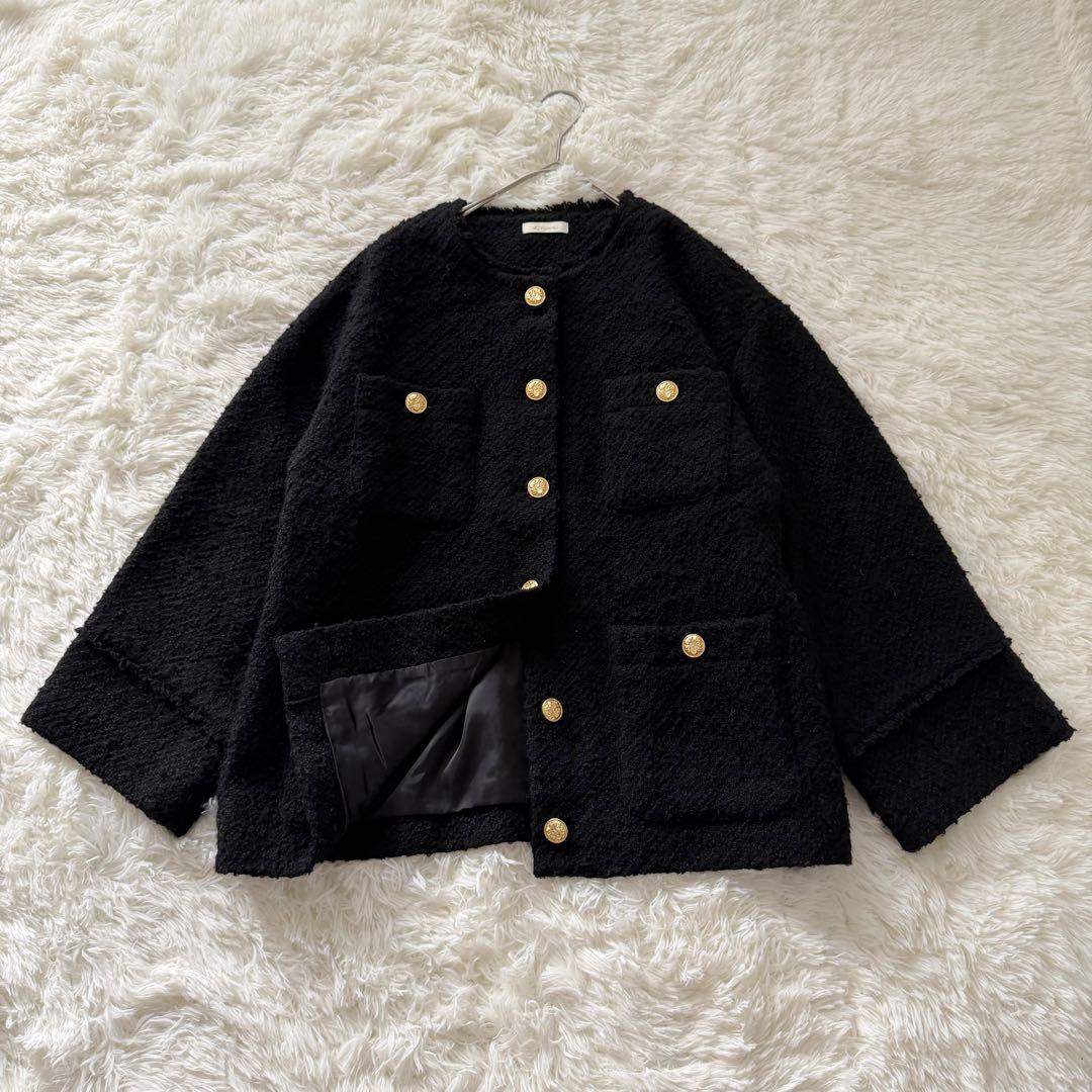 ラウンジドレス ノーカラー ツイードジャケット 金ボタン オーバーサイズ 黒