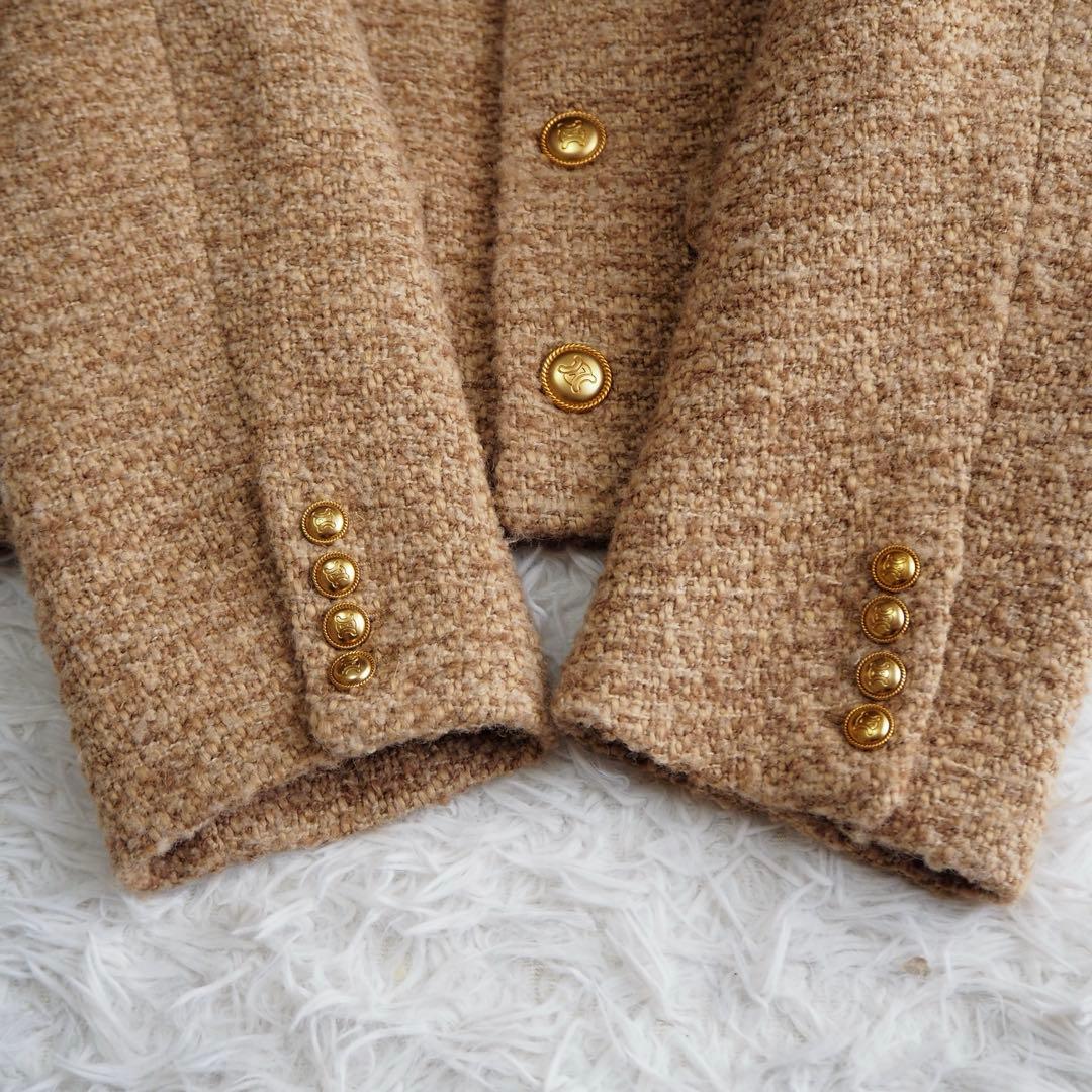 美品 ナノスタジオ ノーカラー ツイード ジャケット 金ボタン ベージュ