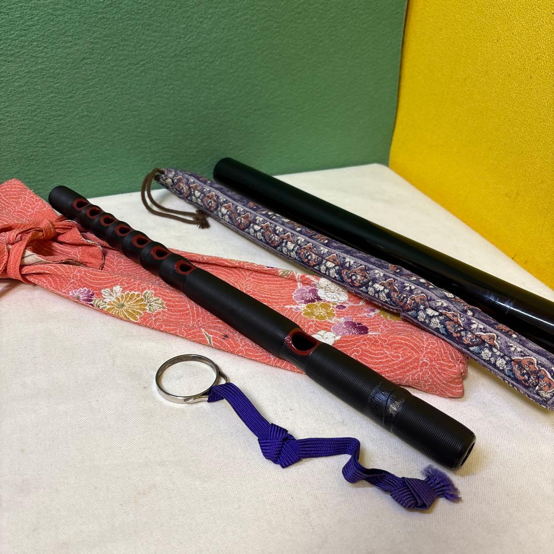 FE 能管 篠笛 黒と赤 鹿の彫刻付 横笛