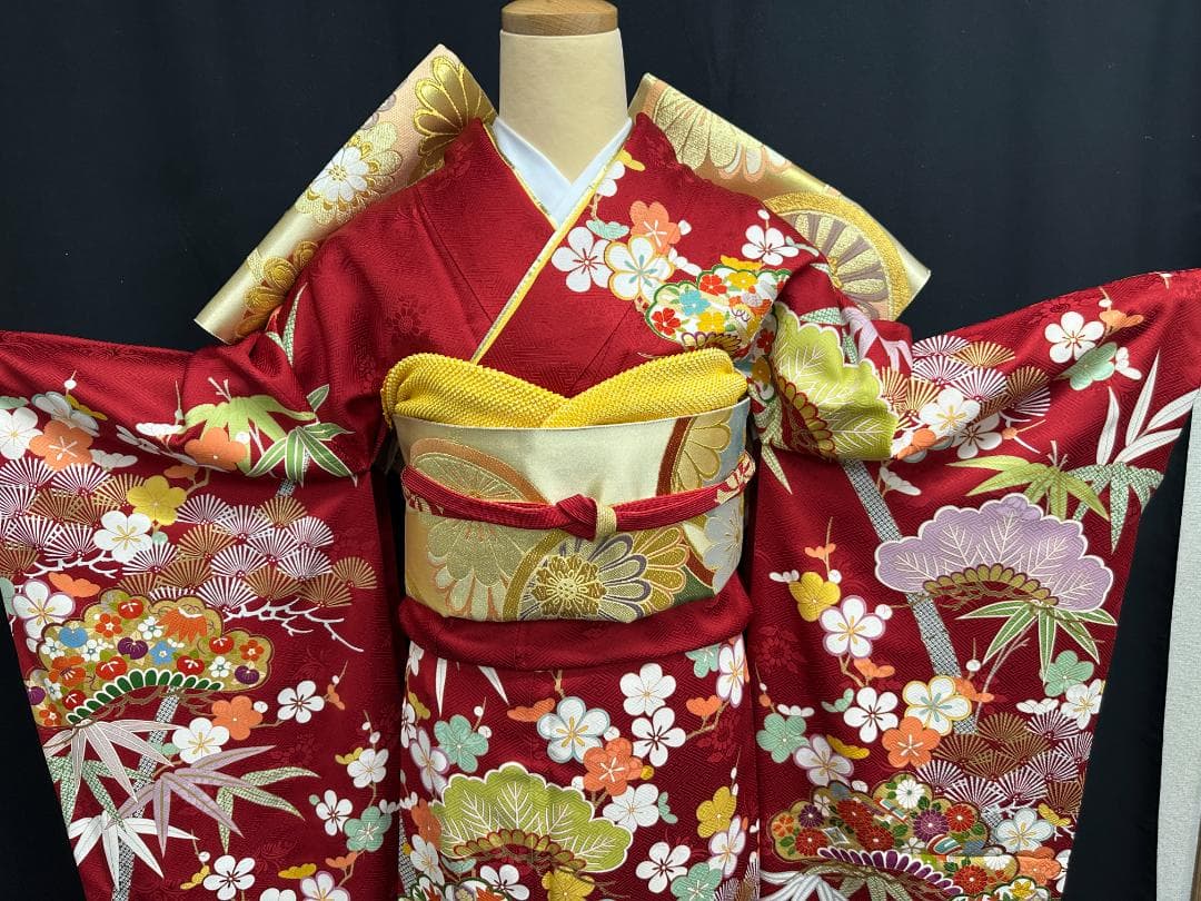 たんぽぽ久保耕 京友禅 赤地 松竹梅 振り口付き振袖 袋帯 フルセット