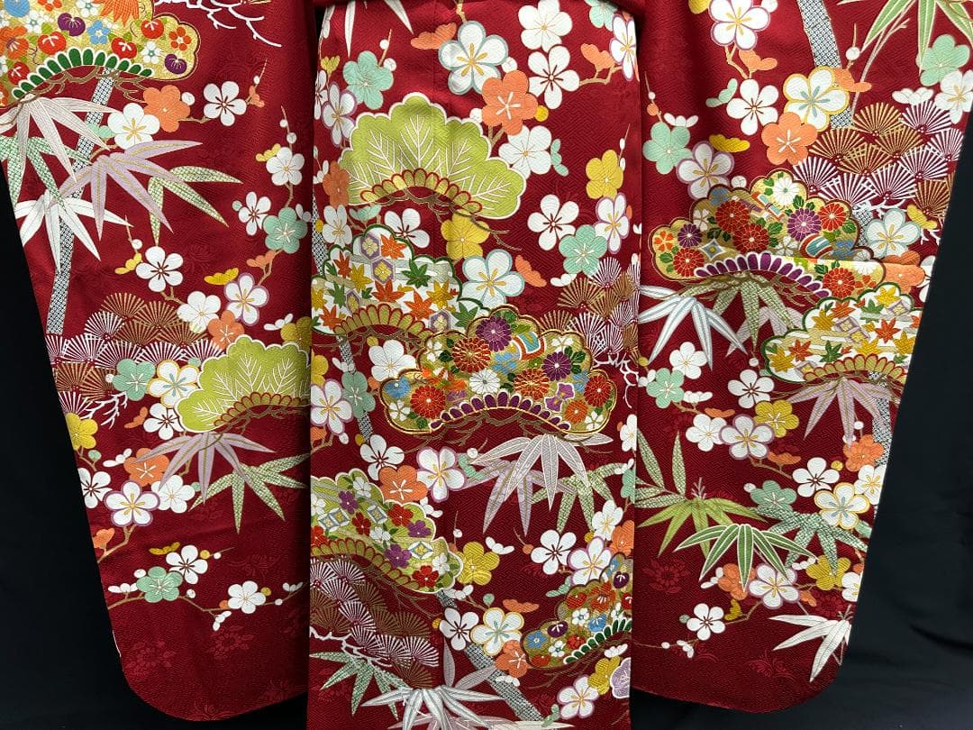 たんぽぽ久保耕 京友禅 赤地 松竹梅 振り口付き振袖 袋帯 フルセット