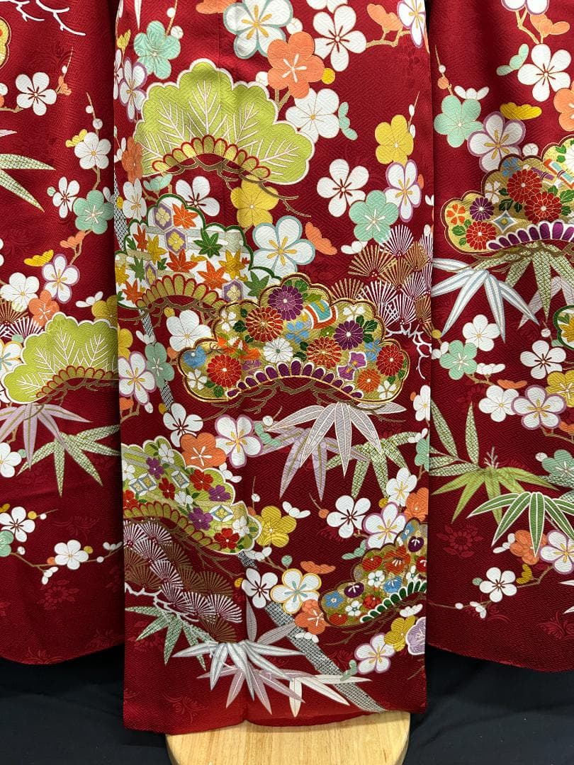 たんぽぽ久保耕 京友禅 赤地 松竹梅 振り口付き振袖 袋帯 フルセット
