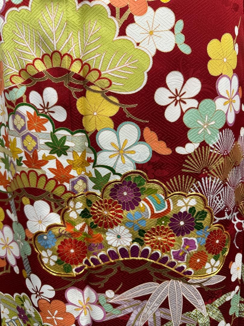 たんぽぽ久保耕 京友禅 赤地 松竹梅 振り口付き振袖 袋帯 フルセット