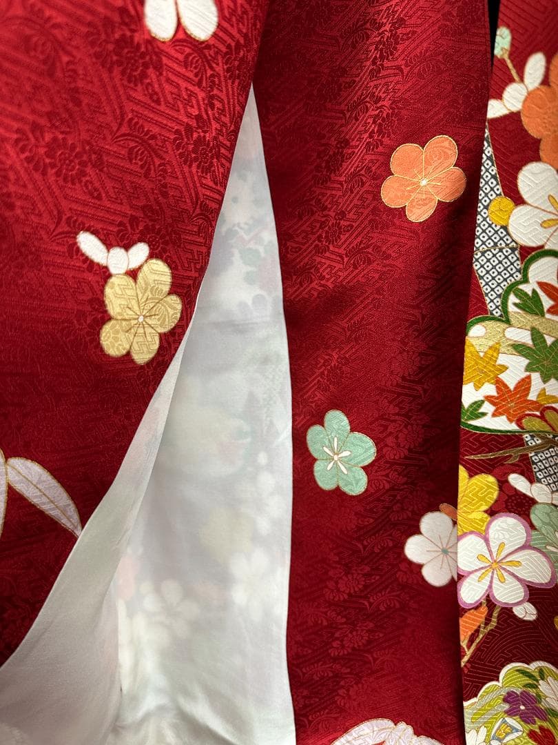たんぽぽ久保耕 京友禅 赤地 松竹梅 振り口付き振袖 袋帯 フルセット