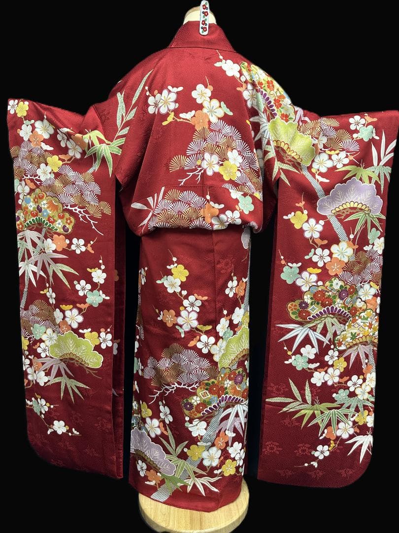 たんぽぽ久保耕 京友禅 赤地 松竹梅 振り口付き振袖 袋帯 フルセット