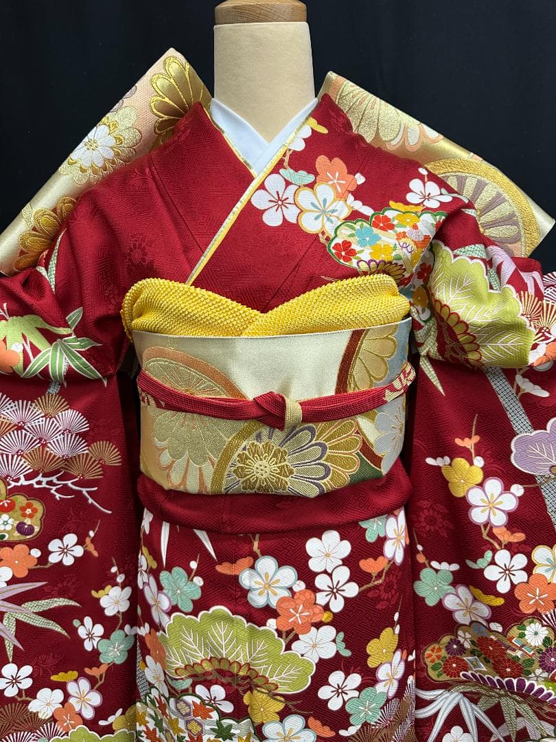 たんぽぽ久保耕 京友禅 赤地 松竹梅 振り口付き振袖 袋帯 フルセット