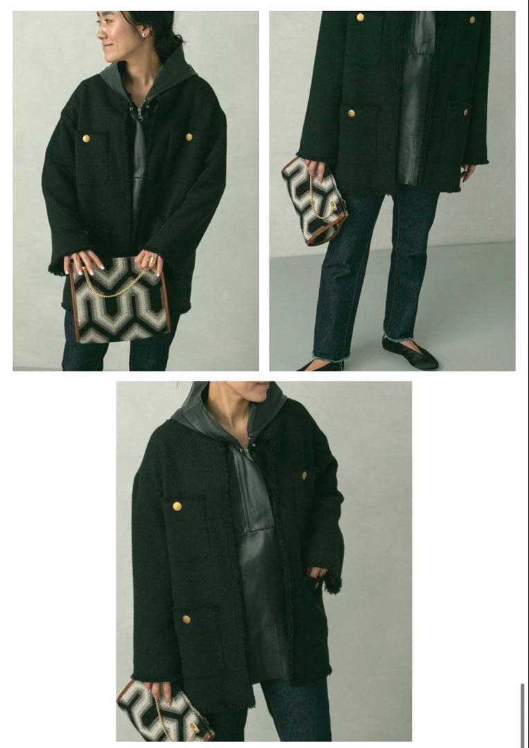 金子綾さん着用⭐︎L'ESSAGE ツイードノーカラージャケット ブラック