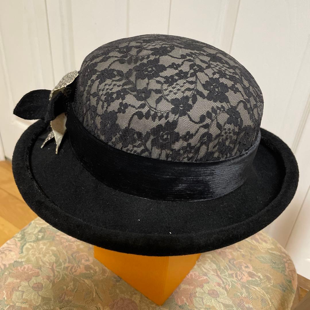 マキシン黒 レース ハットコサージュ兎毛黄綬褒章受賞山口巌さんデザイン皇室御用達