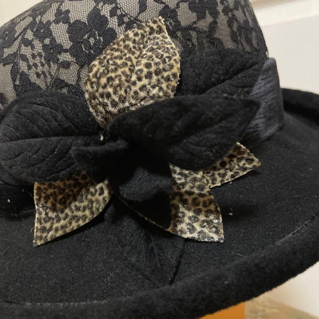 マキシン黒 レース ハットコサージュ兎毛黄綬褒章受賞山口巌さんデザイン皇室御用達