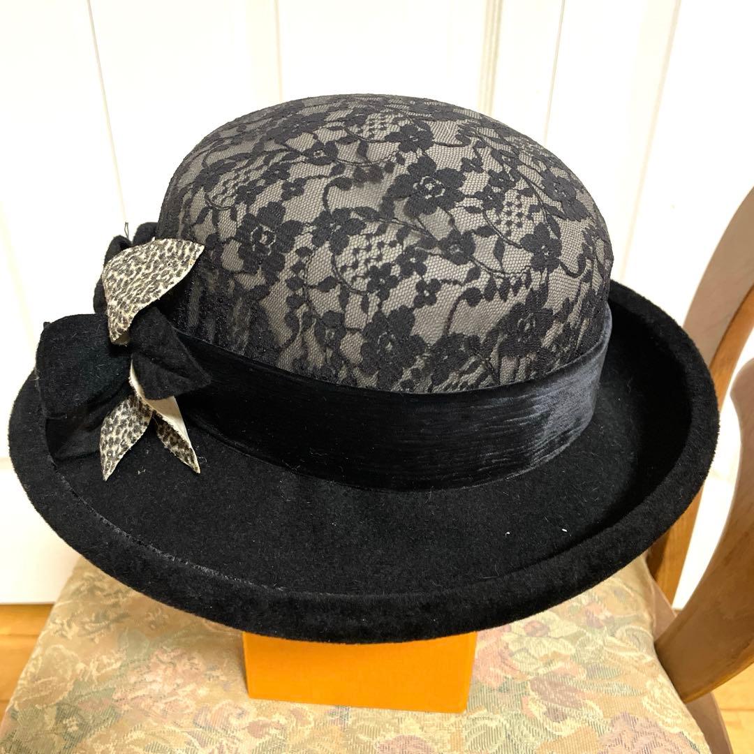 マキシン黒 レース ハットコサージュ兎毛黄綬褒章受賞山口巌さんデザイン皇室御用達